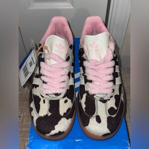 Adidas Cow Pattern Sambas with Pink Shoelaces